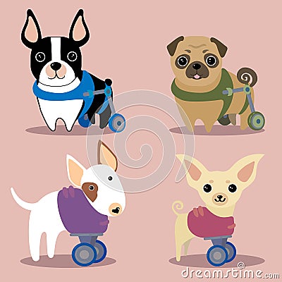 Set of handicapped disabled dogs Cartoon Illustration