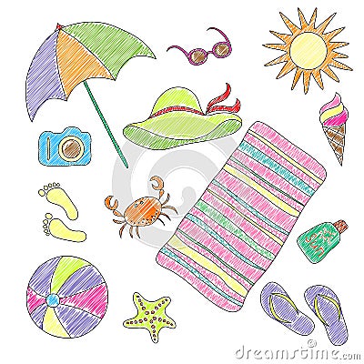 Set of handmade symbols and icons summer and vacation on the beach Vector Illustration