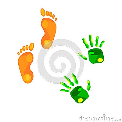 Set of handprints hands and feet traces of bright colors Vector Illustration