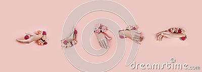 Set hands with artificial flowers sticking out of hole pink paper background. Hand in various poses, the pattern layout for your Stock Photo