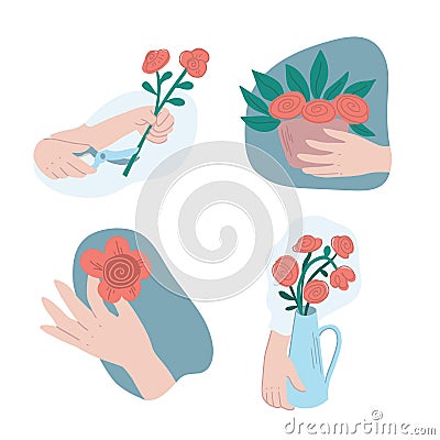 Set of hands creating and holding flower compositions Vector Illustration