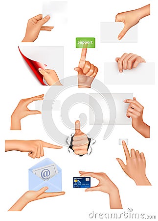 Set of hands holding different business objects. Vector Illustration