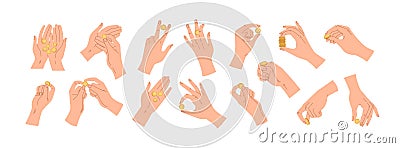 Set of hands holding, throwing, catching or giving golden coins. Money in fingers and palms. Concept of investment Vector Illustration