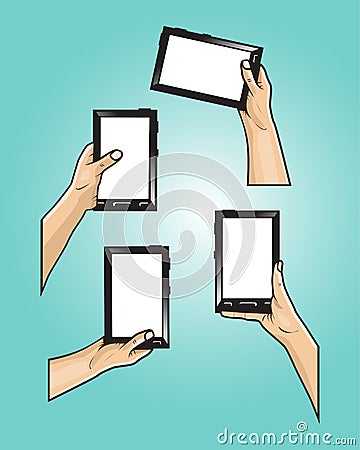 Set of hands holds mini tablet with different styles Vector Illustration