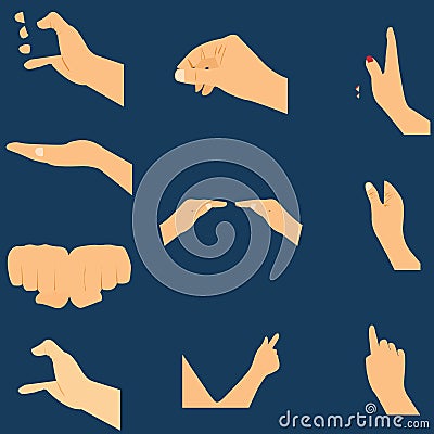 Set of hands icons and symbols, different hands, illustration. Cartoon Illustration