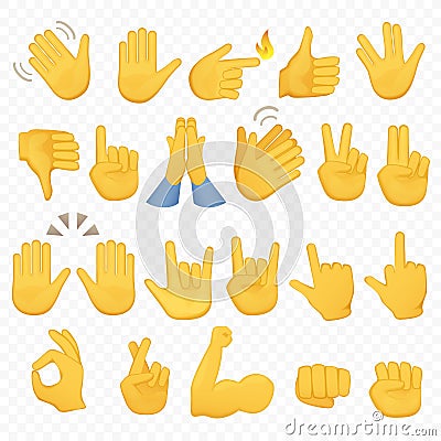 Set of hands icons and symbols. Emoji hand icons. Different gestures, hands, signals and signs, alpha background vector Vector Illustration