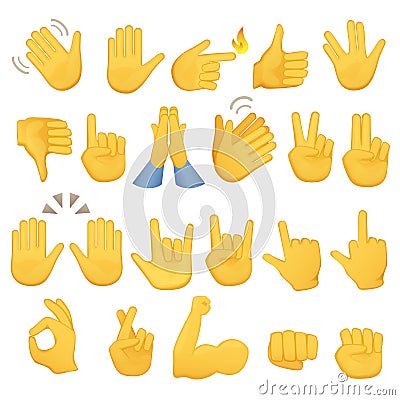 Set of hands icons and symbols. Emoji hand icons. Different gestures, hands, signals and signs, vector illustration. Vector Illustration