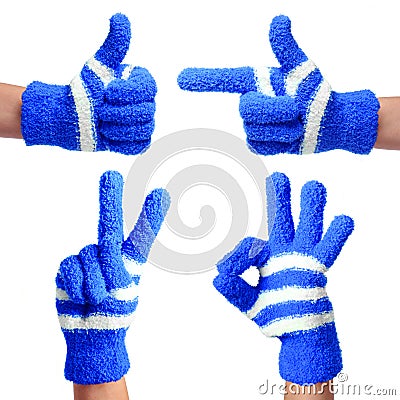 Set of Hands in Knitted Blue Gloves isolated. Thumb Up, Pointing, Victory, Ok Sign Stock Photo