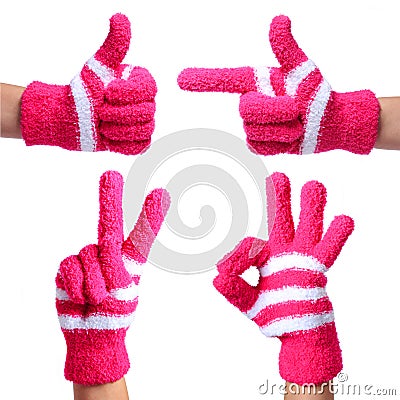 Set of Hands in Knitted Gloves isolated on white. Thumb Up, Pointing, Victory, Ok Sign Stock Photo