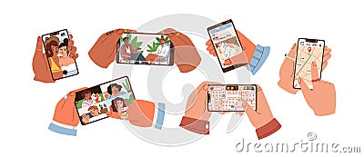 Set of hands touch smartphone screen and hold mobile phones with apps for taking selfie, watching video, social media Vector Illustration