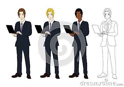 Set Handsome Business Man with Laptop. Full Body Vector Illustration Vector Illustration