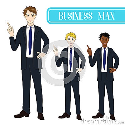Set Handsome Business Man Pointing Up. Full Body Vector Illustration. Vector Illustration