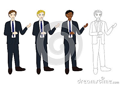 Set Handsome Business Man Presentation with Hand Pointing. Full Body Vector Illustration Vector Illustration