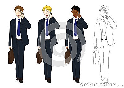 Set Handsome Business Man Talking on Phone and holding a Brief Case while Walking. Full Body Vector Illustration