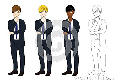 Set Handsome Business Man Thinking to Make Decision. Full Body Vector Illustration. Vector Illustration