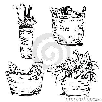 Set of handwoven interior baskets vector line drawing Vector Illustration