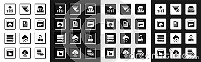 Set Hangar with servers, File document, Failed access cloud storage, Computer network, Browser window, Filter setting Stock Photo