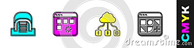 Set Hangar with servers, Loading data window, Cloud technology transfer and Different files icon. Vector Vector Illustration