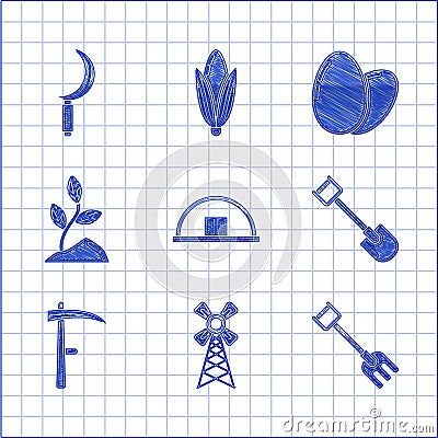 Set Hangar, Windmill, Garden rake, Shovel, Scythe, Sprout, Chicken egg and Sickle icon. Vector Vector Illustration