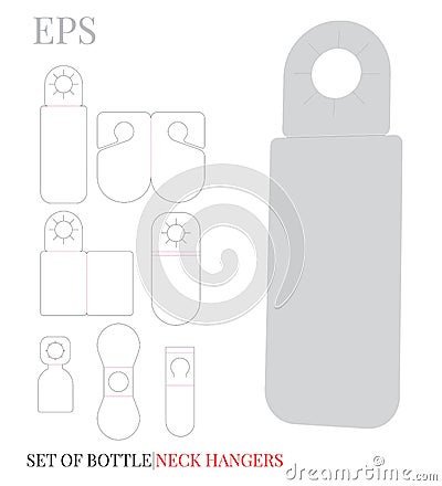 Bottle Neck Hanger Template, Wine Hanger, white, blank mock up isolated on white, Set with 10 different designs Vector Illustration