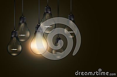 Set of hanging realistic bulbs on dark background Cartoon Illustration