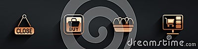 Set Hanging sign with Closed, Buy button, Chicken egg box and Shopping cart computer icon with long shadow. Vector Vector Illustration