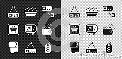 Set Hanging sign with Open, Chicken egg box, Security camera, Toilet paper roll, Closed, Price tag dollar, Buy button Vector Illustration