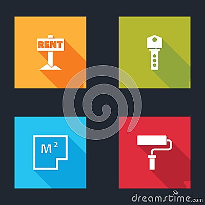 Set Hanging sign with Rent, House key, plan and Paint roller brush icon. Vector Vector Illustration