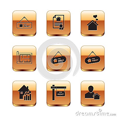 Set Hanging sign with For Rent, Rising cost of housing, Sale, House plan, heart shape, Realtor and contract icon. Vector Vector Illustration