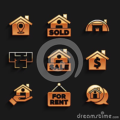 Set Hanging sign with Sale, For Rent, Real estate message house, House dollar symbol, Realtor, plan, Warehouse and Stock Photo