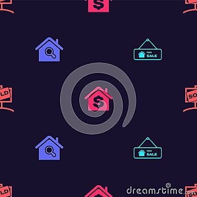 Set Hanging sign with For Sale, Search house, House dollar and Sold on seamless pattern. Vector Stock Photo