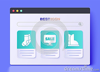 Set Hanging sign with Sale, Socks and Waterproof rubber boot icon. Vector Vector Illustration