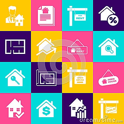 Set Hanging sign with Sold, Open house, Search, For Rent, Rising cost of housing, House plan, Realtor and icon. Vector Vector Illustration