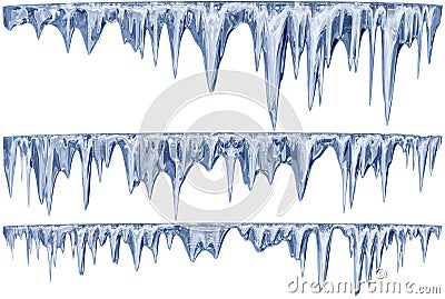 Set of hanging thawing icicles of a blue shade Stock Photo