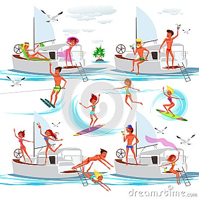 Set of happy adults with different summer activities Vector Illustration