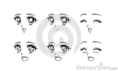 Set of happy anime faces. Hand drawn vector cartoon illustration Vector Illustration