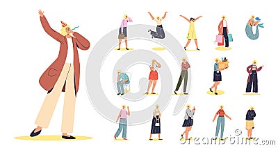 Set of happy blonde young woman, student and businesswoman different lifestyle situations and poses Vector Illustration