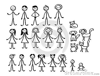 Set of happy cartoon doodle figure family, stick man. Stickman Illustration Featuring a Mother and Father and Kids Vector Illustration