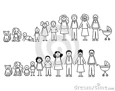 Set of happy cartoon doodle figure family, stick man. Stickman Illustration Featuring a Mother and Father and Kids Vector Illustration