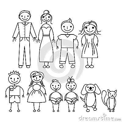 Set of happy cartoon doodle figure family, stick man. Stickman Illustration Featuring a Mother and Father and Kids Vector Illustration