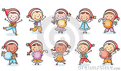 Set of happy cartoon kids in Santa hats and with Christmas ornaments Vector Illustration