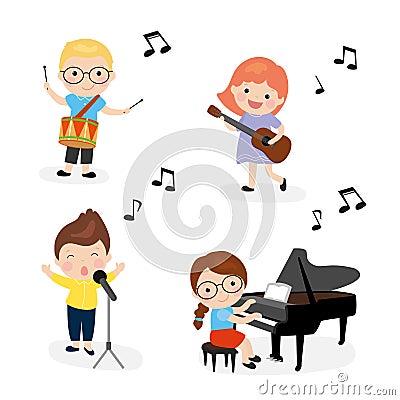 Set of happy children playing different musical instruments. Cute girl plays melody on piano Vector Illustration
