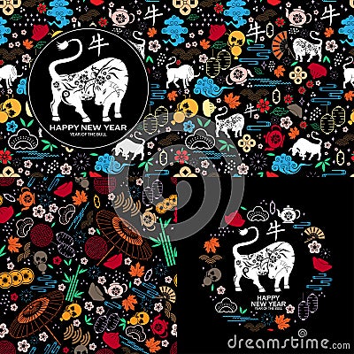 Set of Happy Chinese New Year 2021 traditional background with ox Chinese Translation Bull Cartoon Illustration