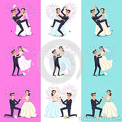 Set. Happy Couple celebrating marriage, dancing, kissing, hugging, holding each other in arms, cut cake, riding bike and horse, ju Vector Illustration