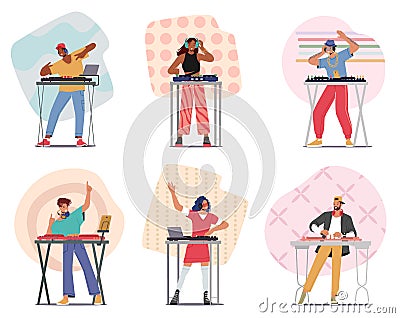 Set of Happy Dj Male and Female Characters. Men and Women with Headphones Playing and Mixing Music at Night Club Party Vector Illustration