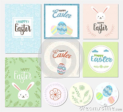 Set Of Happy Easter Cards Illustration With Eggs And Rabbit Vector Illustration
