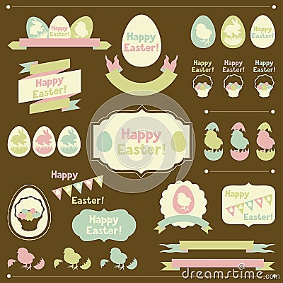 Set of Happy Easter ornaments and decorative Vector Illustration