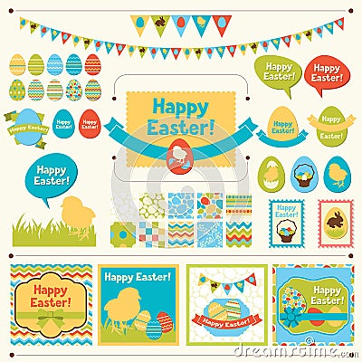 Set of Happy Easter ornaments and decorative Vector Illustration