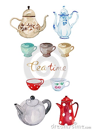 Set teapot and cups watercolor Stock Photo