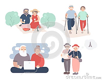 Set of happy elderly couple. Grandparents in different situations collection. Active lifestyle of old people. Colorful Vector Illustration